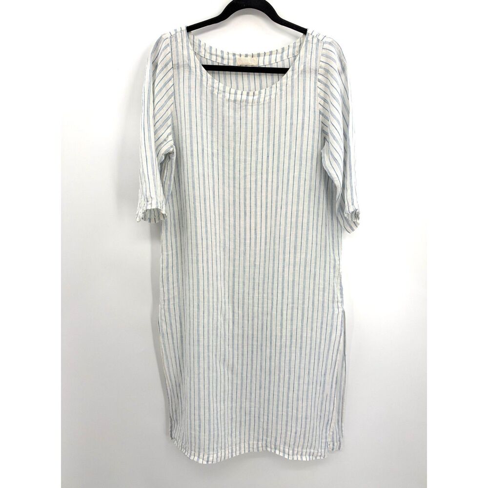 CP SHADES 100% Linen White Blue Striped Side Slit Midi Shift Dress Size Small